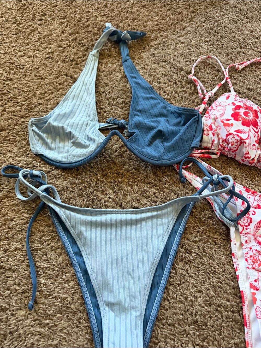 Reversible Blue Ribbed Tie-Side Bikini Set